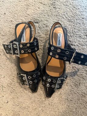 Steve Madden Black Patent Buckle Pointed Slingback Pumps